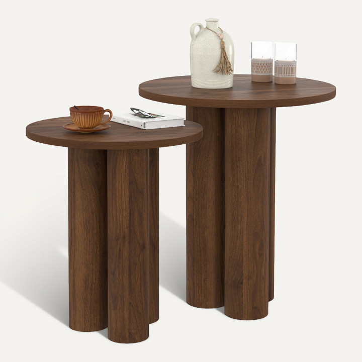 Lot de 2 tables d'appoint rondes, bouts de canapé, tables de chevet ELOISE 35/40 cm bois effet noyer