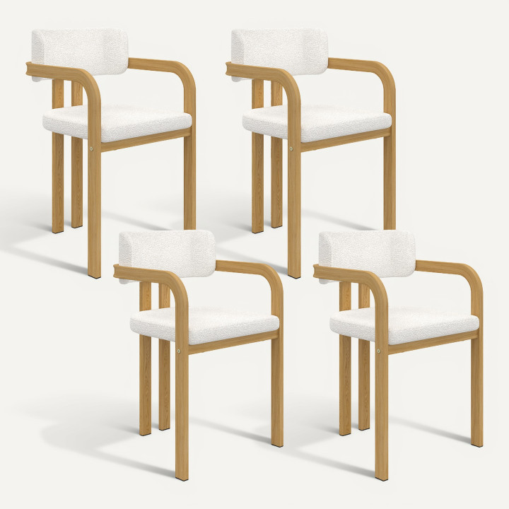 Set van 4 ESMA eetkamerstoelen en tafelarmstoelen in metaal met houteffect en bouclette stof met armleuningen
