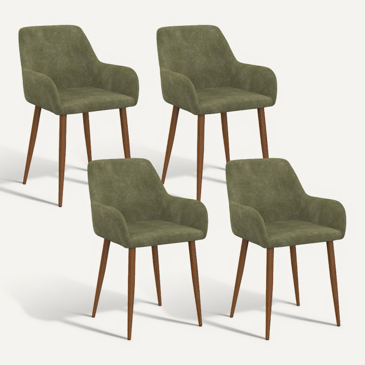 Set di 4 sedie RORY in tessuto chenille verde con gambe in noce per sala da pranzo