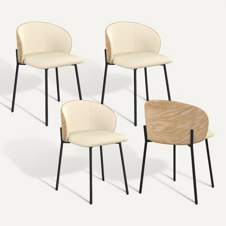 Set van 4 PENNY eetkamerstoelen in beige stof met lichte houteffect rugleuningen