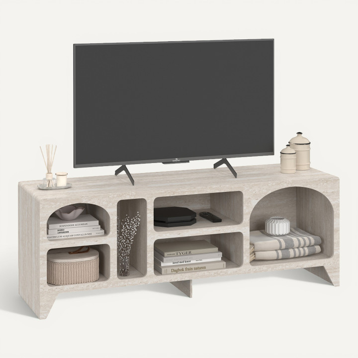 Mobile TV ALESIA da 140 cm dal design organico, con 6 nicchie in legno effetto travertino