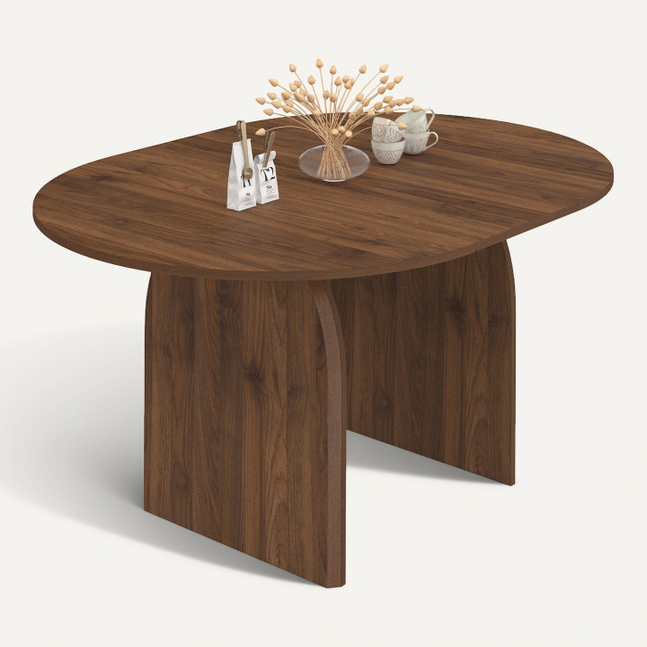Ovale, uitschuifbare Japandi-eettafel EDITH voor 4-8 personen, in notenhoutlook, 110-150 cm