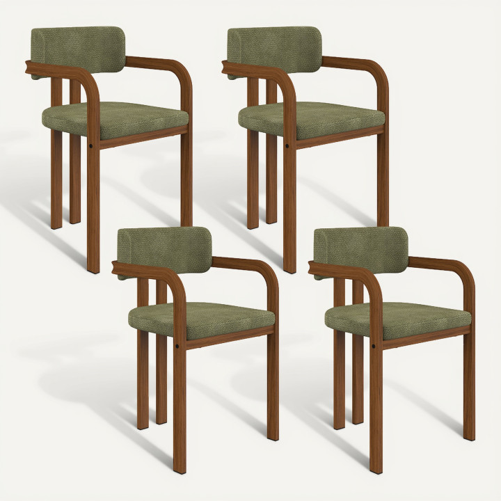 Set di 4 sedie da pranzo, sedie da tavolo ESMA in metallo effetto noce e tessuto chenille verde con braccioli
