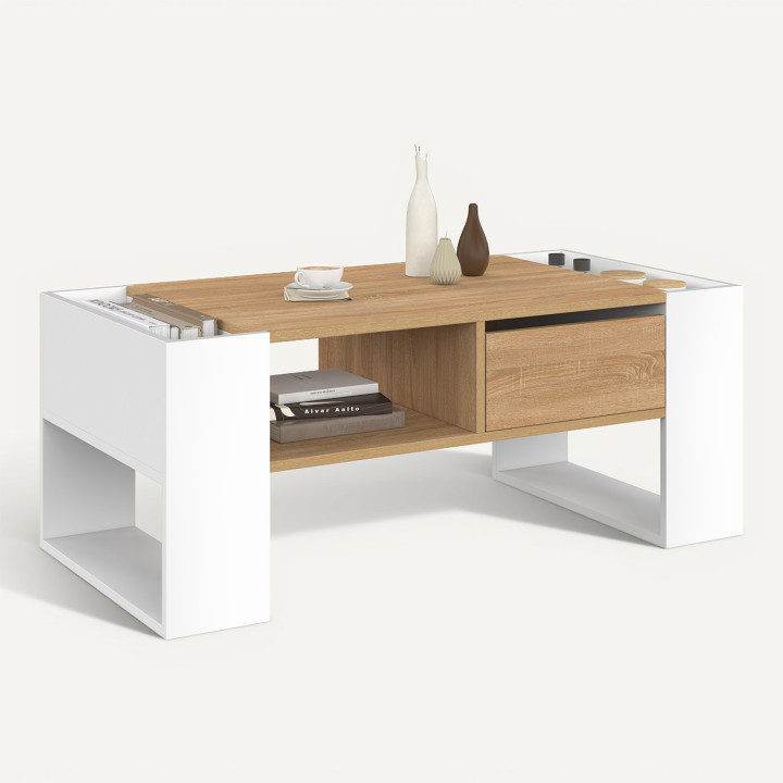 Mesa de centro rectangular con cajón en blanco y madera de haya - BERYL