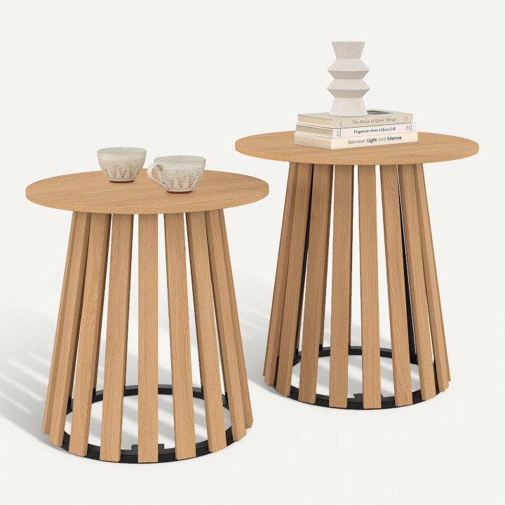 Set di 2 tavolini rotondi, tavolini da salotto, comodini CARMEN 40/45 cm con base in listelli di legno e piano in legno