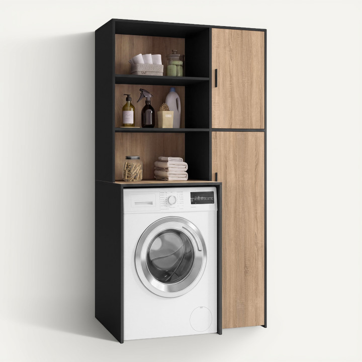 Mueble de lavadero para lavadora o secadora WALLIS con estantes y armario de almacenamiento en negro y madera