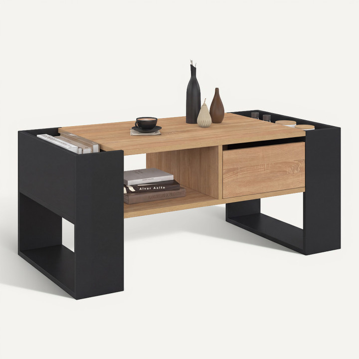 Mesa de centro rectangular con cajón de madera de haya y negro - BERYL