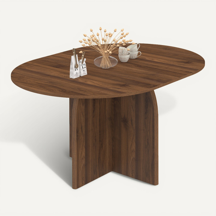 Table à manger extensible japandi ronde EDITH 4-8 personnes pied central design arrondi noyer 110-150 cm