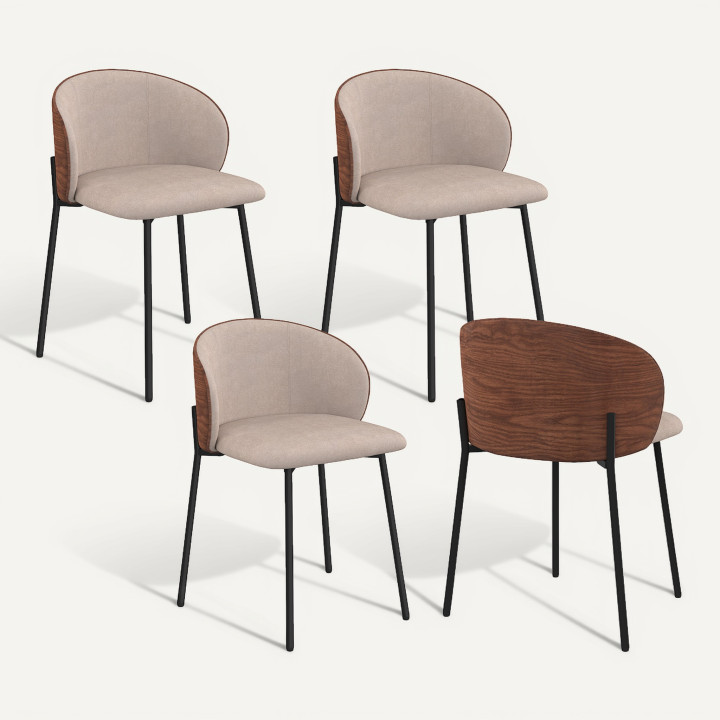 Lot de 4 chaises PENNY en tissu taupe et dossier effet noyer pour salle à manger