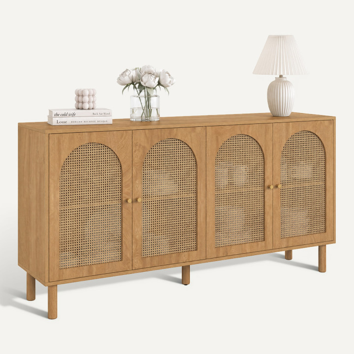 VLORA Aparador 160 cm 4 puertas, forma de arco, madera y mimbre