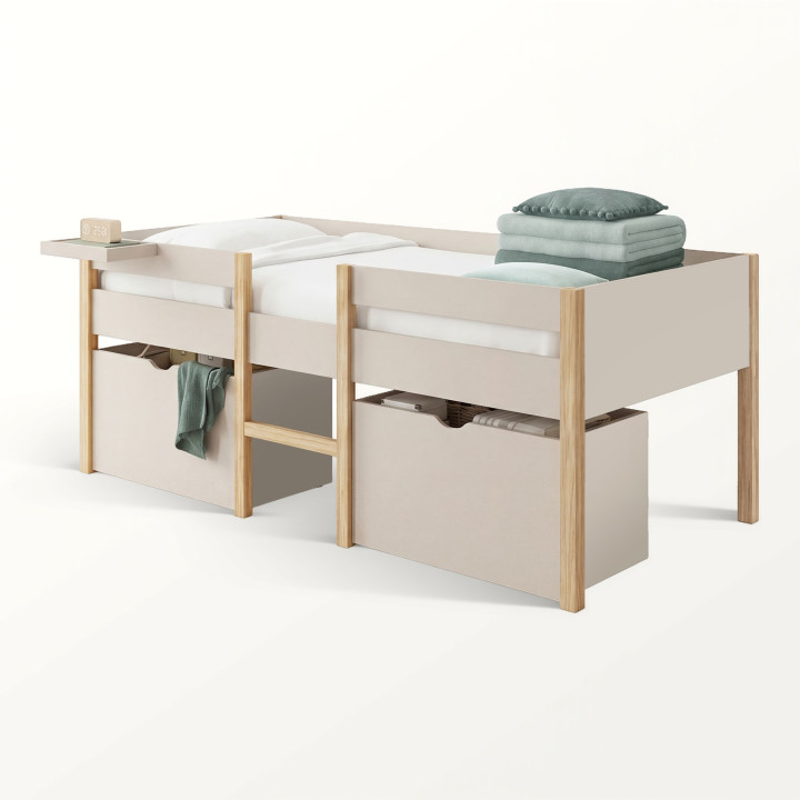Cama individual elevada a media altura, 90 x 190 cm, modelo SERVANE, con somier, barandillas, 2 cajones y una repisa en color be