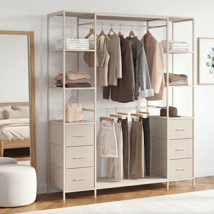 Armadio doppio UTAH + colonna doppia L. 140 cm con 6 ripiani e 6 cestini in tessuto beige