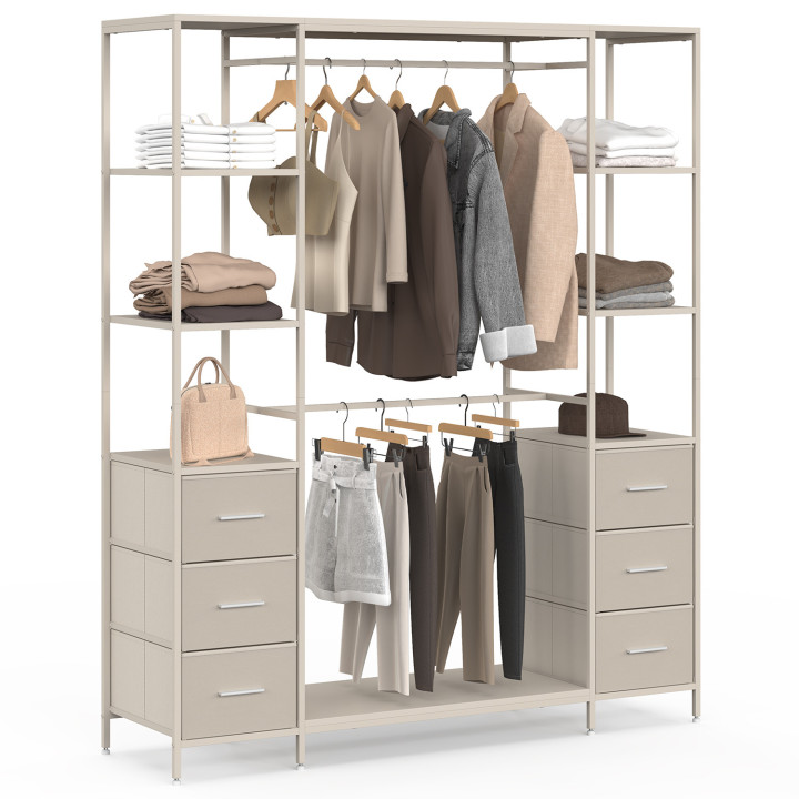 Dubbele kledingkast UTAH + dubbele kolom L. 140 cm met 6 legplanken en 6 bakken in beige stof