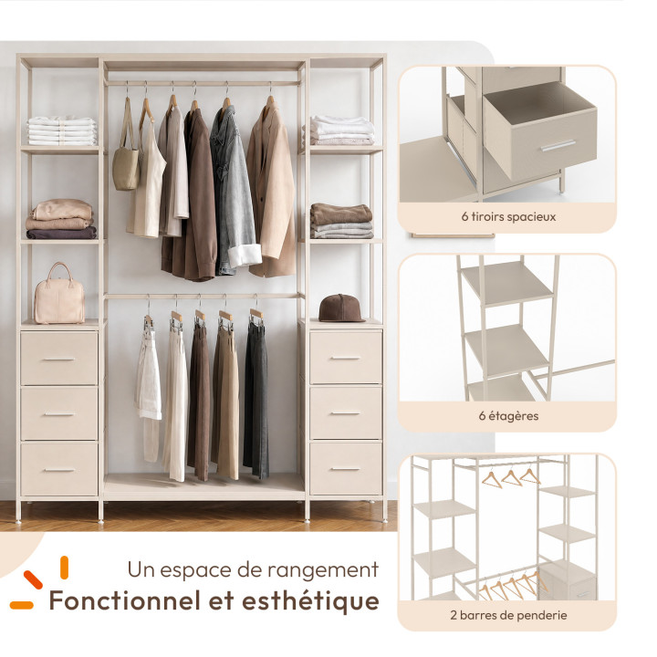 Dubbele kledingkast UTAH + dubbele kolom L. 140 cm met 6 legplanken en 6 bakken in beige stof