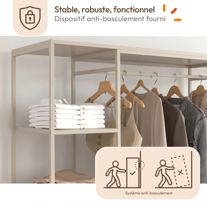 Dressing double penderie + double colonne L. 140 cm UTAH avec 6 étagères et 6 bacs en tissu beige