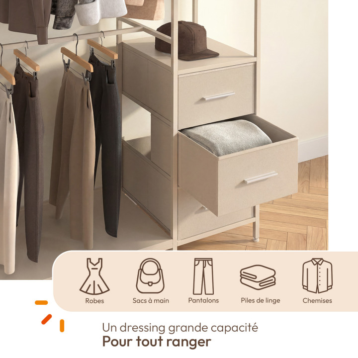 Armadio doppio UTAH + colonna doppia L. 140 cm con 6 ripiani e 6 cestini in tessuto beige
