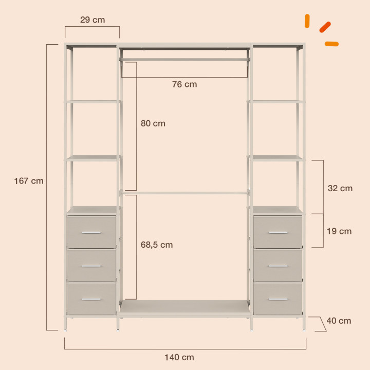 Dubbele kledingkast UTAH + dubbele kolom L. 140 cm met 6 legplanken en 6 bakken in beige stof