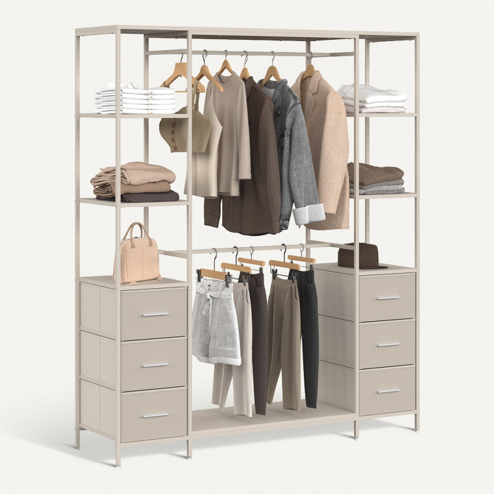 UTAH armario doble + columna doble L. 140 cm con 6 estantes y 6 cubos en tejido beige