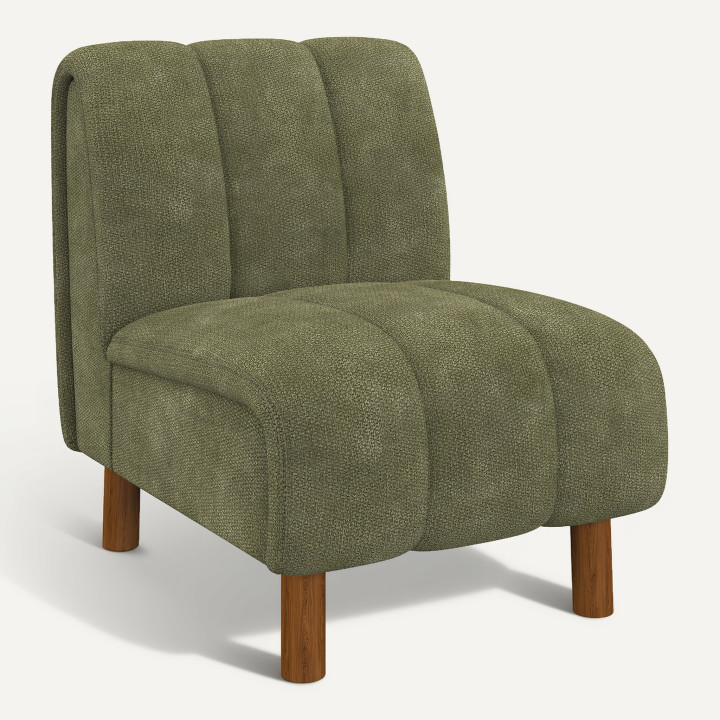 Poltrona HECTOR in tessuto chenille verde con gambe arrotondate effetto noce
