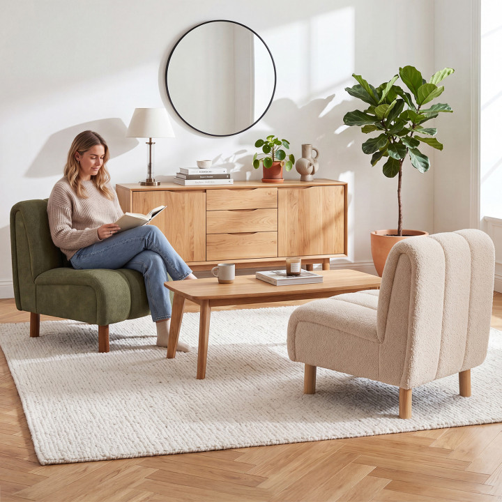 Fauteuil HECTOR tissu chenille vert et pieds arrondis effet noyer