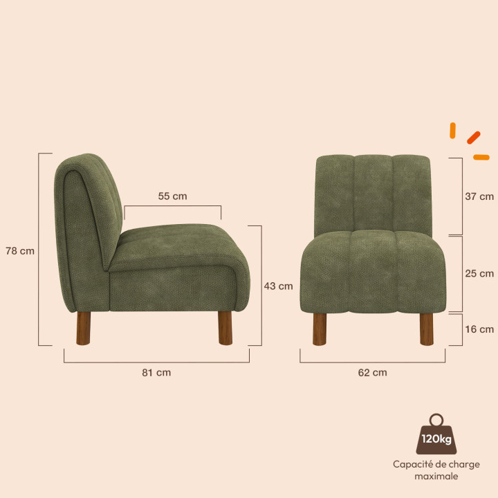 Fauteuil HECTOR tissu chenille vert et pieds arrondis effet noyer