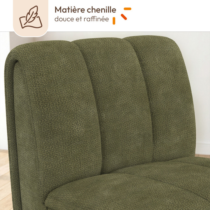HECTOR-fauteuil van groene chenille en afgeronde poten met notenhoutlook