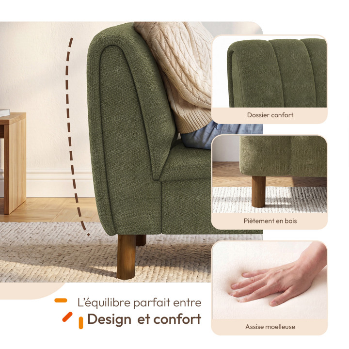 Fauteuil HECTOR tissu chenille vert et pieds arrondis effet noyer