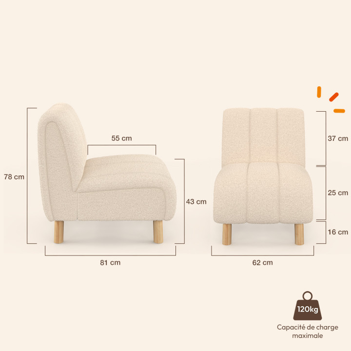 Poltrona HECTOR in tessuto bouclé beige con gambe arrotondate effetto legno