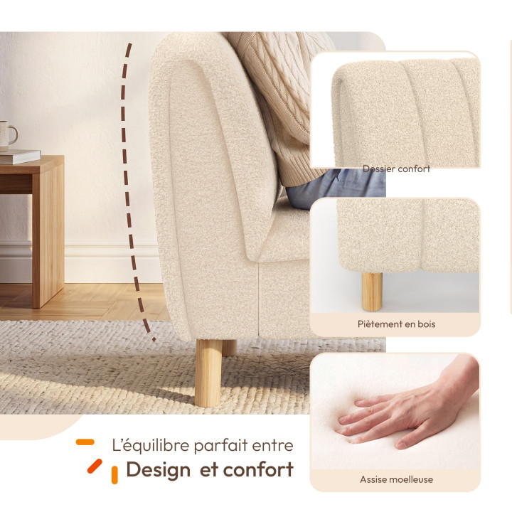 HECTOR-fauteuil van beige bouclé-stof met afgeronde poten in houtlook
