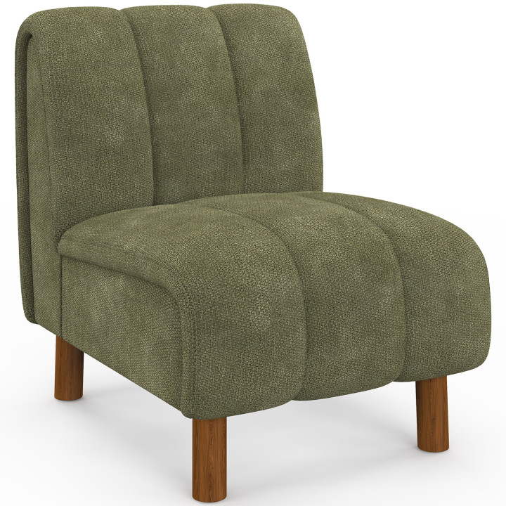 Fauteuil HECTOR tissu chenille vert et pieds arrondis effet noyer