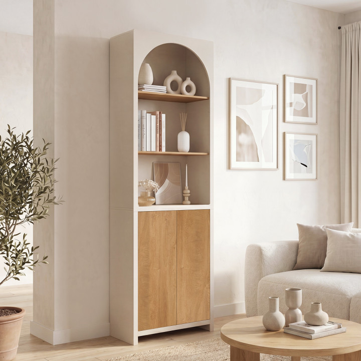 Scaffale-libreria ATHENA a 3 ripiani con armadio dal design organico, colore beige e effetto legno, 190 cm