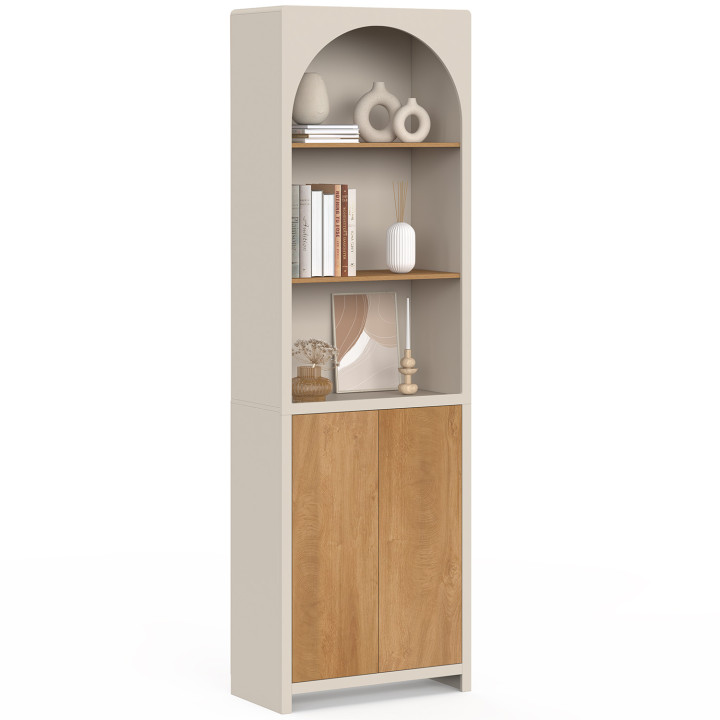 Estantería-librería ATHENA de 3 niveles con armario de diseño orgánico, color beige y efecto madera, 190 cm