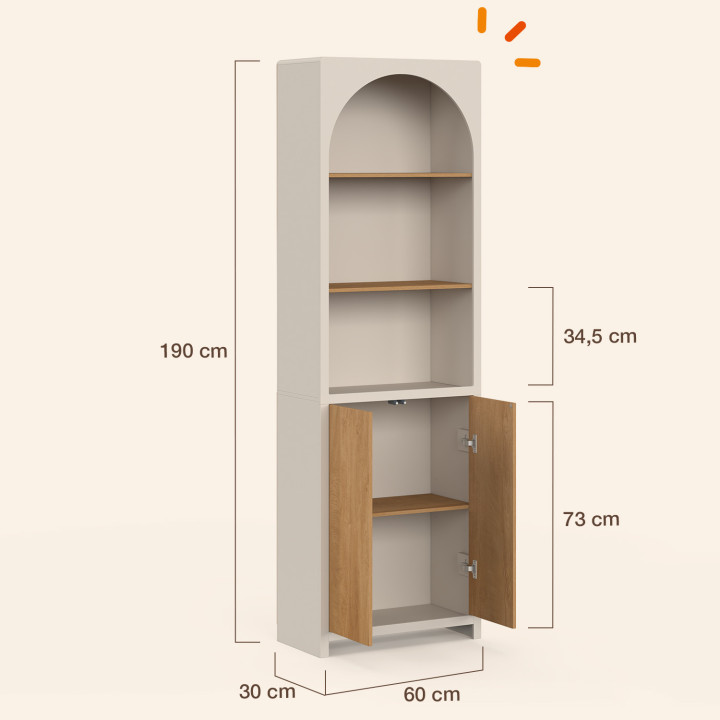 Estantería-librería ATHENA de 3 niveles con armario de diseño orgánico, color beige y efecto madera, 190 cm