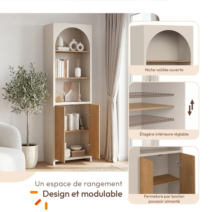 Scaffale-libreria ATHENA a 3 ripiani con armadio dal design organico, colore beige e effetto legno, 190 cm