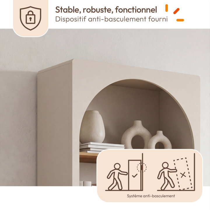 Estantería-librería ATHENA de 3 niveles con armario de diseño orgánico, color beige y efecto madera, 190 cm