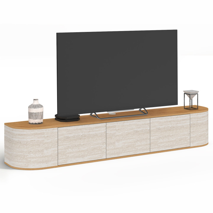 Meuble TV 180 cm suspendu LEORA bois et effet travertin