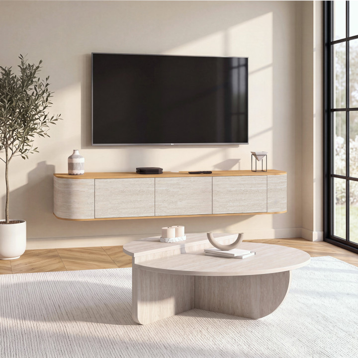 Mueble de televisión suspendido LEORA de 180 cm, de madera y con efecto travertino