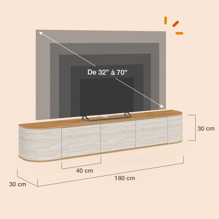 Mueble de televisión suspendido LEORA de 180 cm, de madera y con efecto travertino