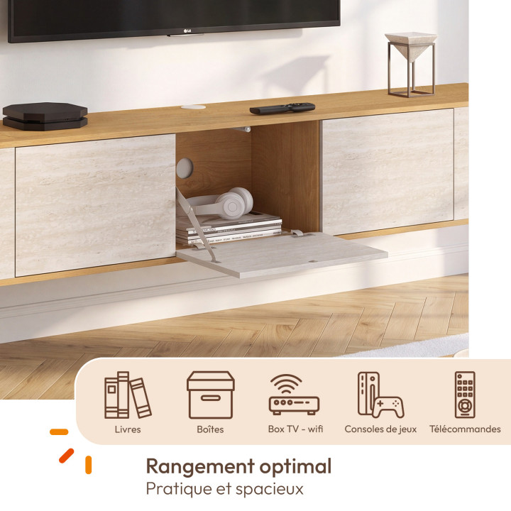 Mueble de televisión suspendido LEORA de 180 cm, de madera y con efecto travertino