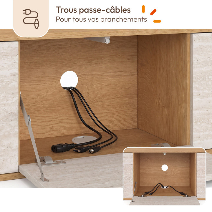 Meuble TV 180 cm suspendu LEORA bois et effet travertin