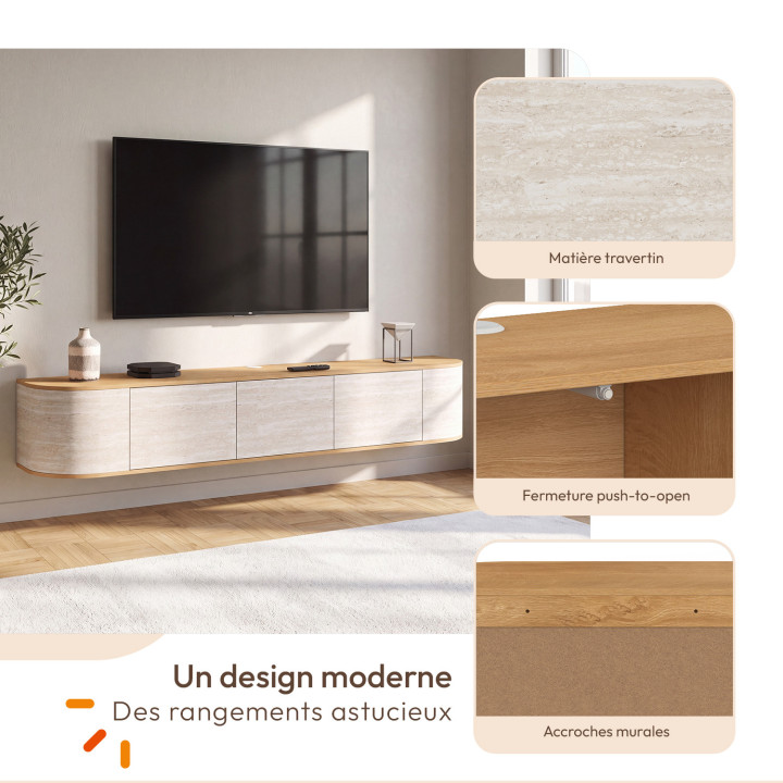 Mueble de televisión suspendido LEORA de 180 cm, de madera y con efecto travertino