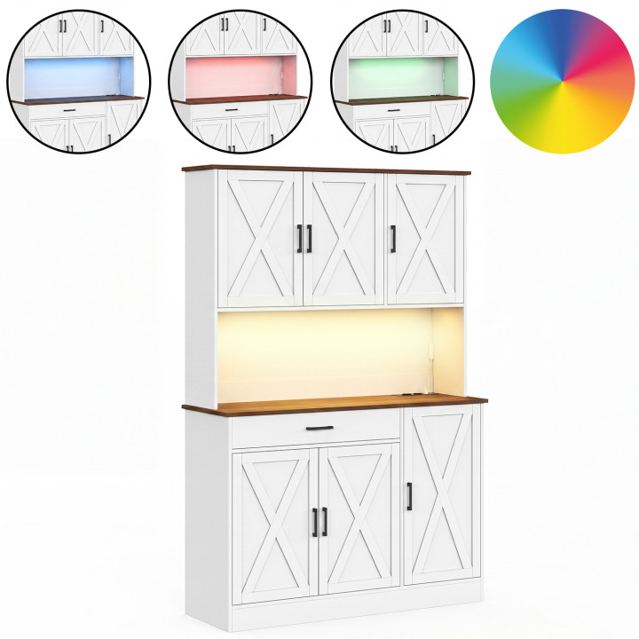 Keukenkast 120 cm LOUISE met 6 deuren + 1 lade, met LED-verlichting en stekkerdoos, wit en hout met notenlook