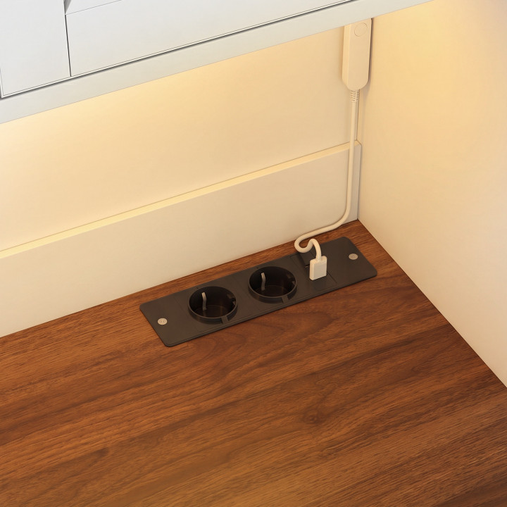 Buffet de cuisine 120 cm LOUISE avec LED et multi prises bois et blanc