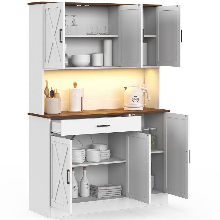 Aparador de cocina de 120 cm LOUISE, con 6 puertas y 1 cajón, con iluminación LED y regleta, en blanco y madera con acabado de n