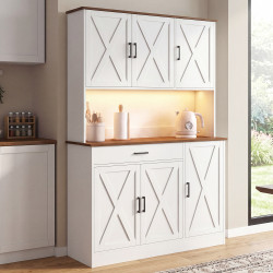 Buffet de cuisine 120 cm LOUISE avec LED et multi prises bois et blanc