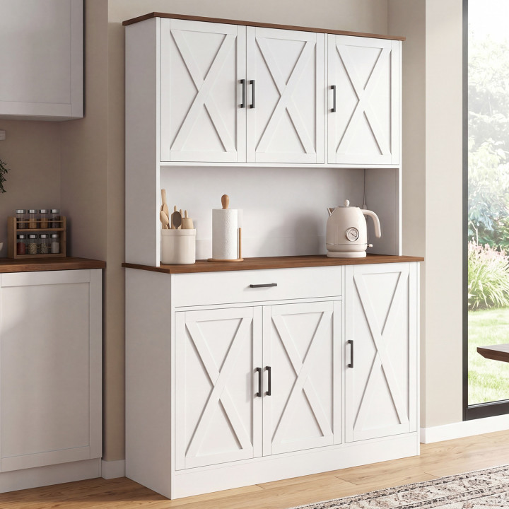 Credenza da cucina LOUISE da 120 cm con 6 ante + 1 cassetto, illuminazione a LED e presa multipla, bianca con finiture in legno