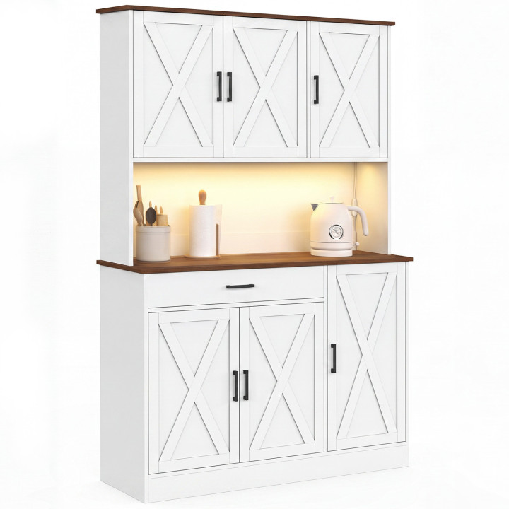 Buffet de cuisine 120 cm LOUISE avec LED et multi prises bois et blanc