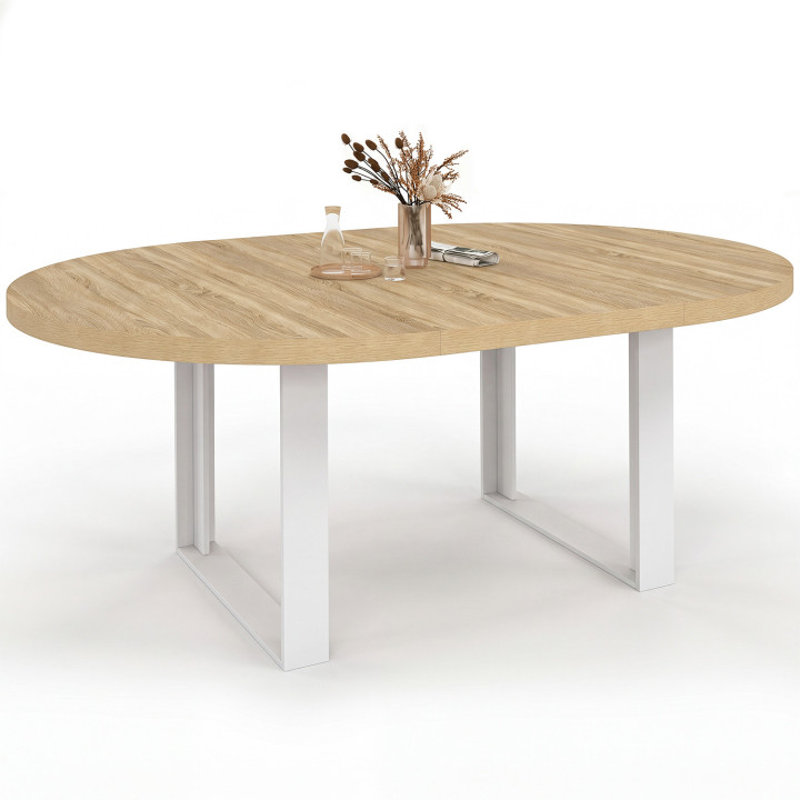 Table à manger extensible ronde PHOENIX 6-10 personnes bois et blanc 140-200 cm