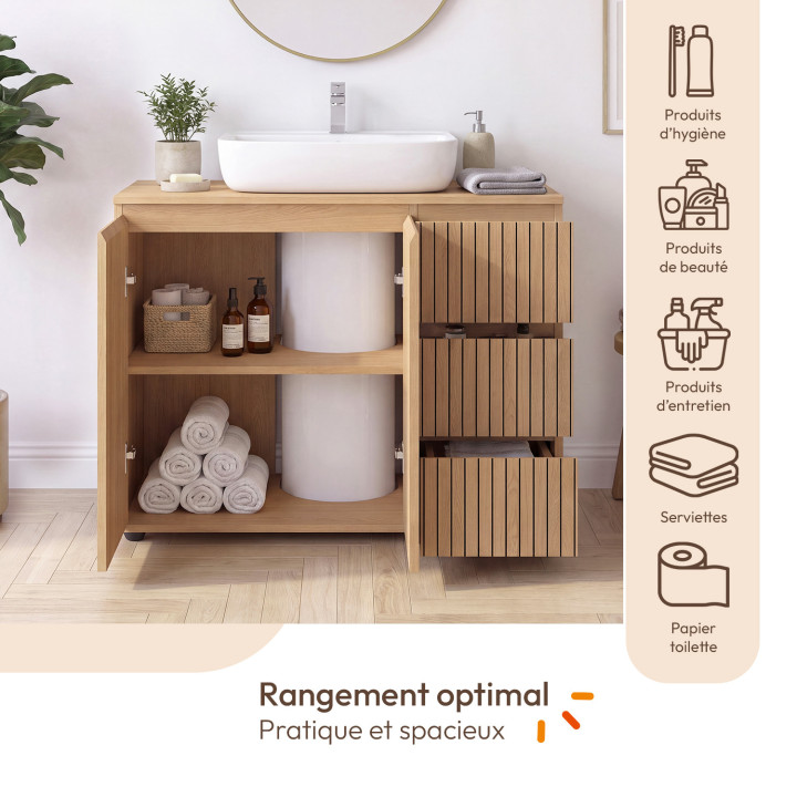 Meuble sous lavabo salle de bain VICTOR avec placard et 3 tiroirs effet lattes