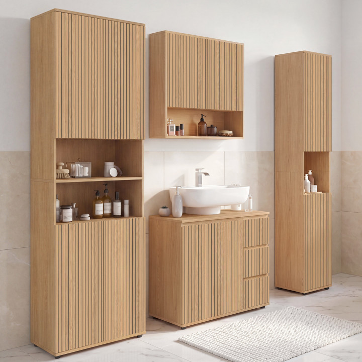 Meuble sous lavabo salle de bain VICTOR avec placard et 3 tiroirs effet lattes
